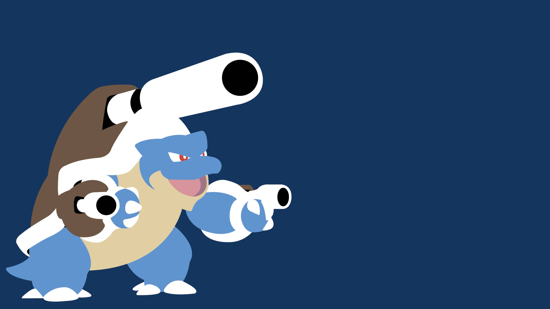 Blastoise 桌布 壁紙 — 一隻卡通水箭龜，手臂是大砲，在純深藍色背景上自豪地站立。