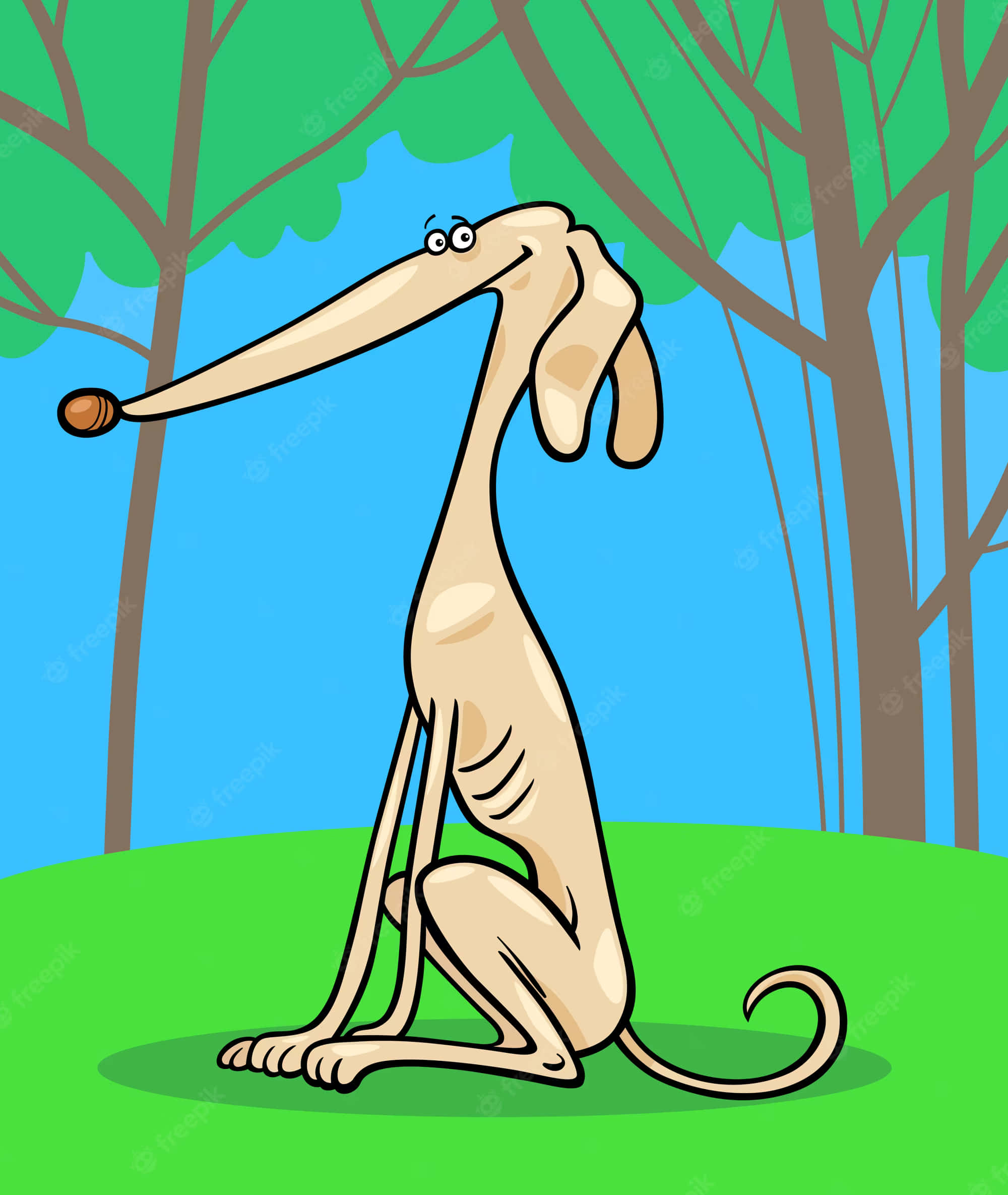 Thin 桌布 壁紙 — 一隻卡通沙魯基犬優雅地坐在綠丘上，樹葉茂密的樹下，表情愉快。