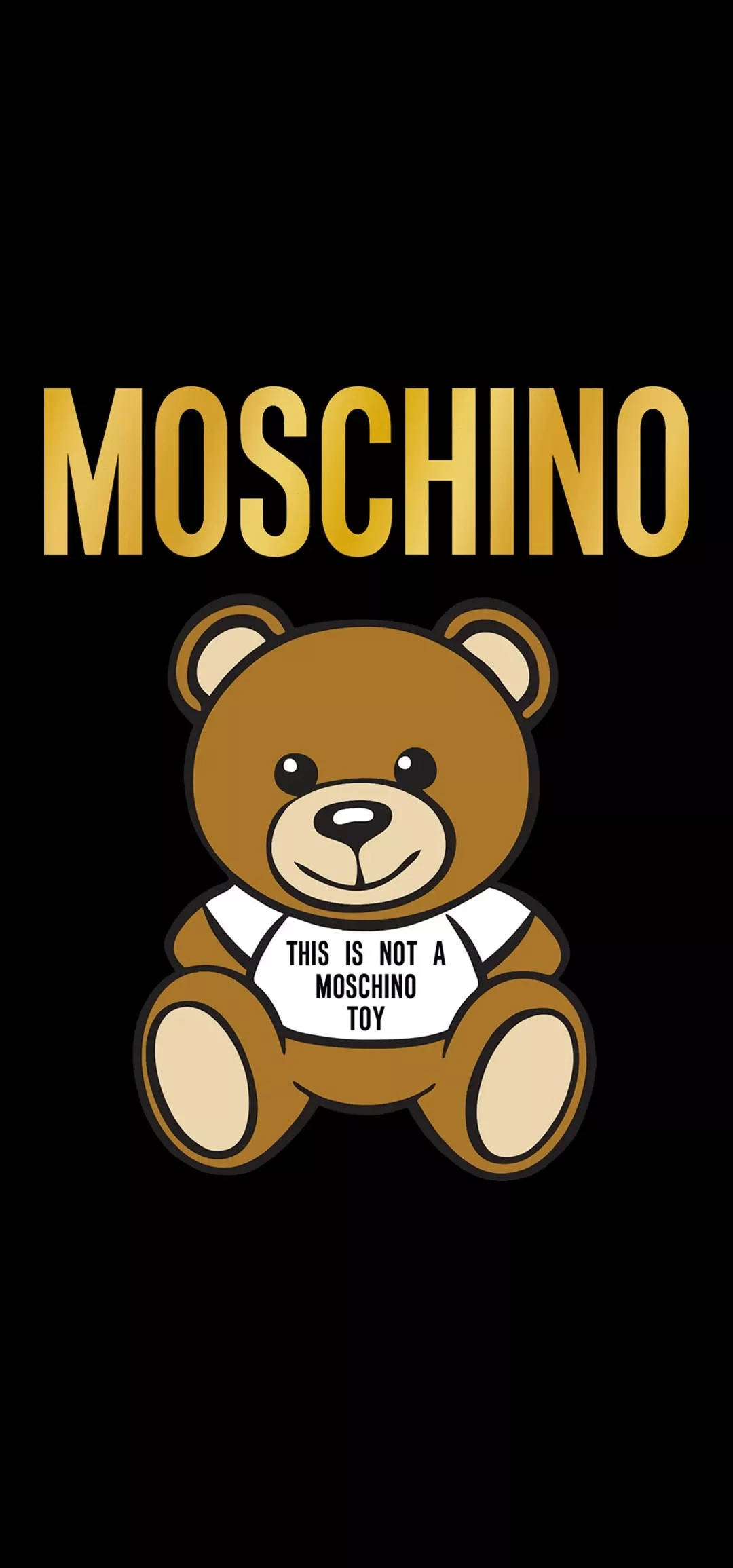 moschino 桌布 壁紙 — 一隻卡通泰迪熊穿著帶有文字的白色T恤，坐在黑色背景上，下方是金色MOSCHINO標誌。