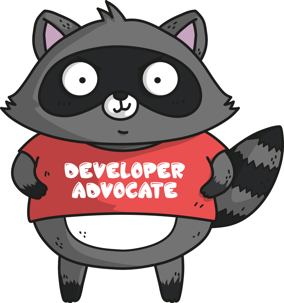 Advocate 桌布 壁紙 — 一隻卡通浣熊穿著一件印有 developer advocate 字樣的紅色襯衫，站在純白色背景前。