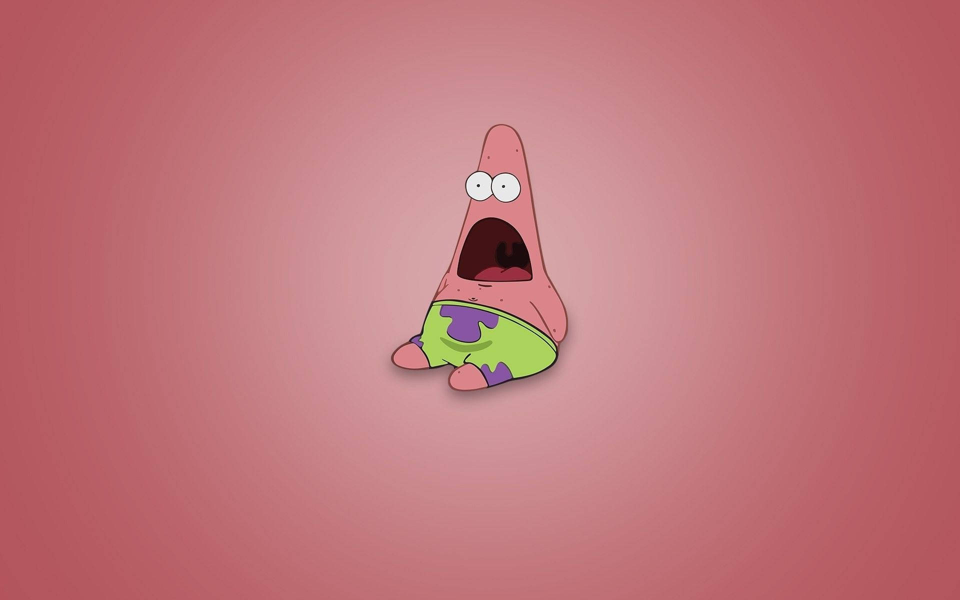Funny Patrick 桌布 壁紙 — 一隻卡通海星，睜大眼睛，張開嘴巴，坐在純粉紅色背景上。