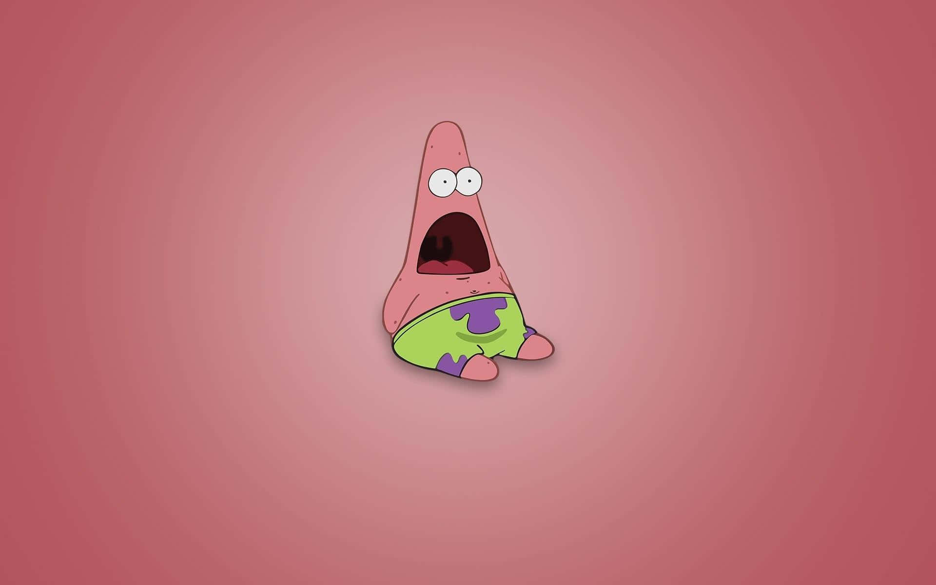 Funny Cartoon 桌布 壁紙 — 一隻卡通海星，睜大眼睛，張開嘴巴，坐在柔和的粉紅色漸變背景前。