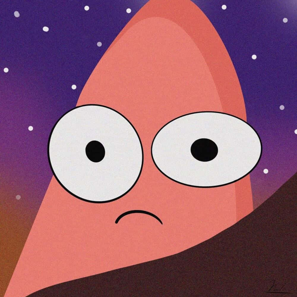 Cartoon 桌布 壁紙 — 一隻卡通海星，睜大眼睛，皺著眉頭，凝視著繁星點點的紫色夜空。