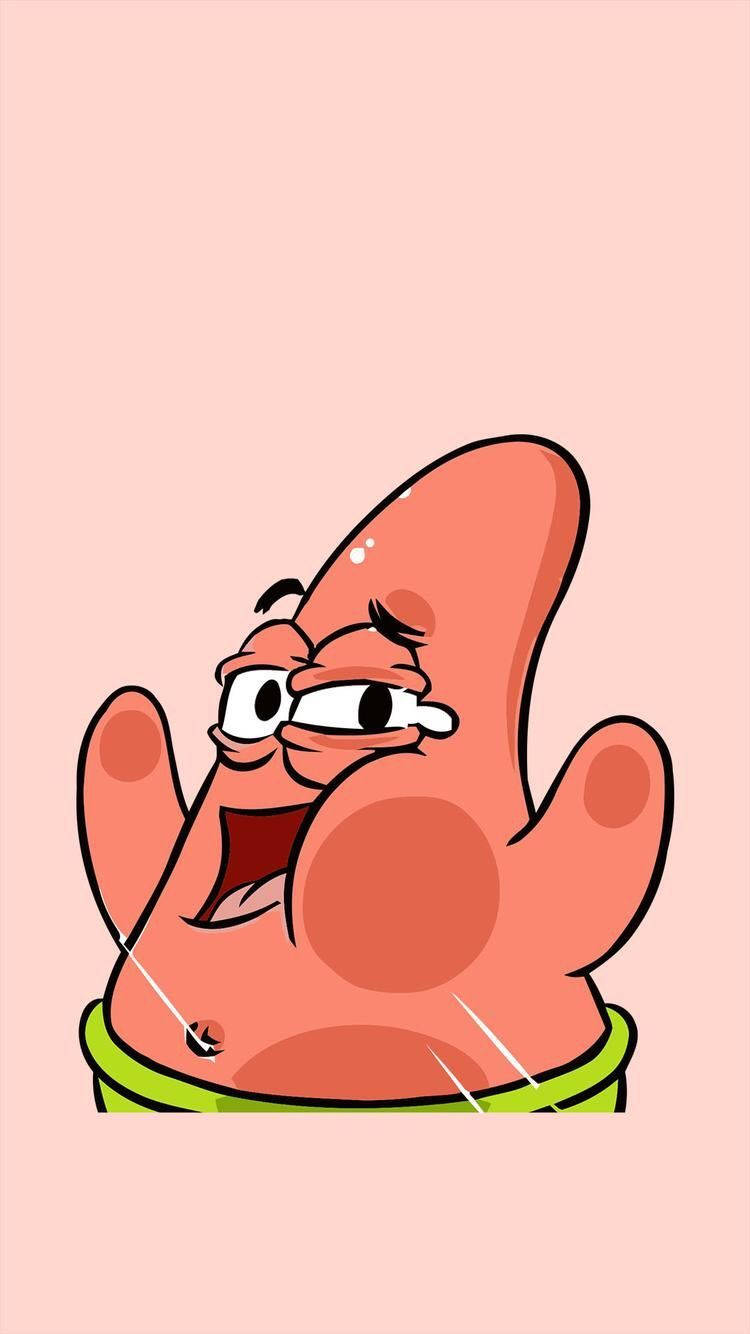 Patrick 桌布 壁紙 — 一隻卡通海星戴著綠色領子，在柔和的粉紅色背景上看起來生氣又汗流浹背。