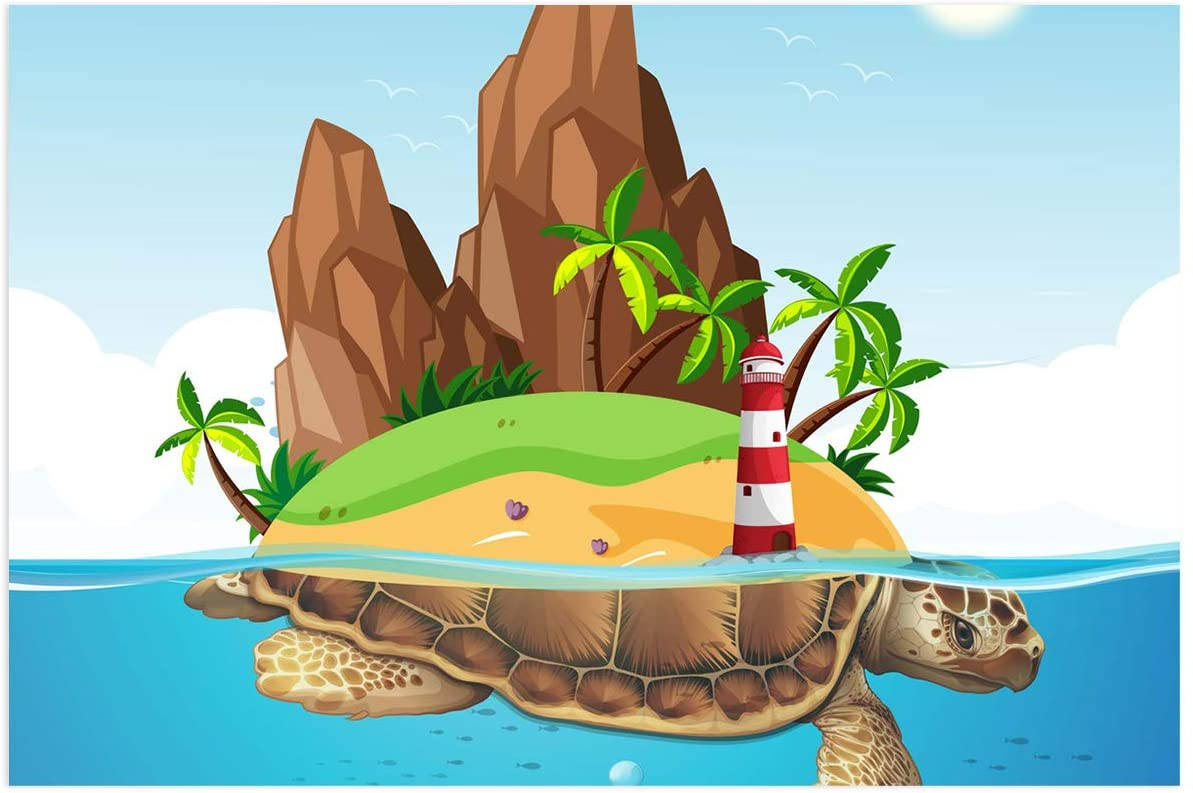 Cartoon Turtle 桌布 壁紙 — 一隻卡通海龜在清澈的藍色海水下背著一個熱帶島嶼，島上有棕櫚樹和一座紅色燈塔。