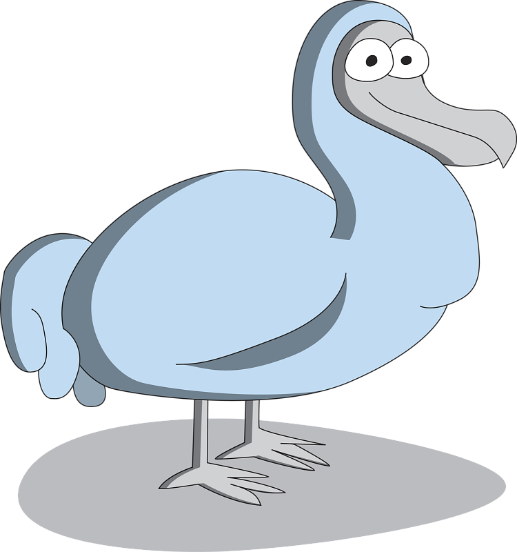 鳥 桌布 壁紙 — 一隻卡通渡渡鳥，有淺藍色羽毛和灰色喙，站在灰色平台上，背景為黑色。