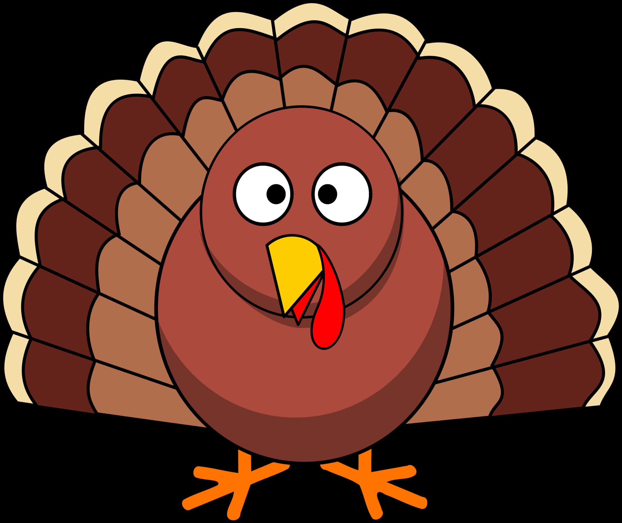 Cartoon Thanksgiving 桌布 壁紙 — 一隻卡通火雞，尾巴展開如扇，眼睛圓大，站在黑色背景前。