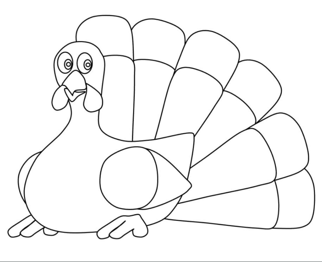 Turkey Coloring 桌布 壁紙 — 一隻卡通火雞，有扇形尾巴和大眼睛，在白色背景上用黑色勾勒出輪廓。
