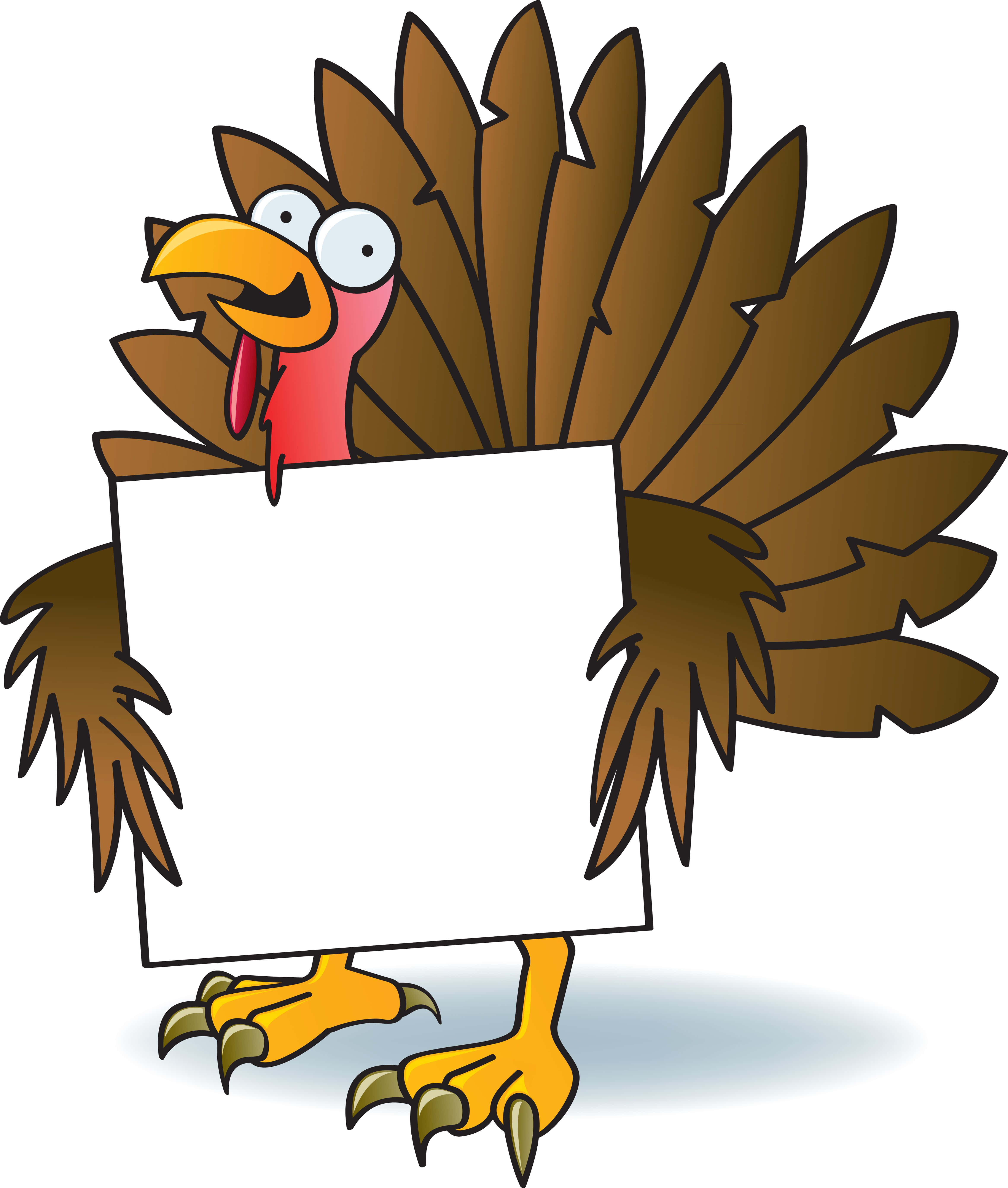 Cartoon Thanksgiving 桌布 壁紙 — 一隻卡通火雞，有著一大把棕色羽毛，拿著一個空白的白色標誌，表情愉快。