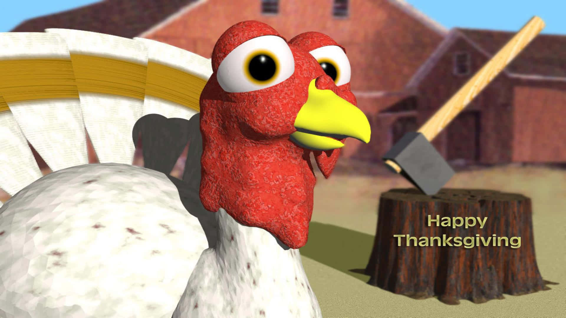 Funny Thanksgiving 桌布 壁紙 — 一隻卡通火雞，紅色頭部，白色羽毛，站在一個樹樁旁邊，樹樁上有一把斧頭和「Happy Thanksgiving」文字。