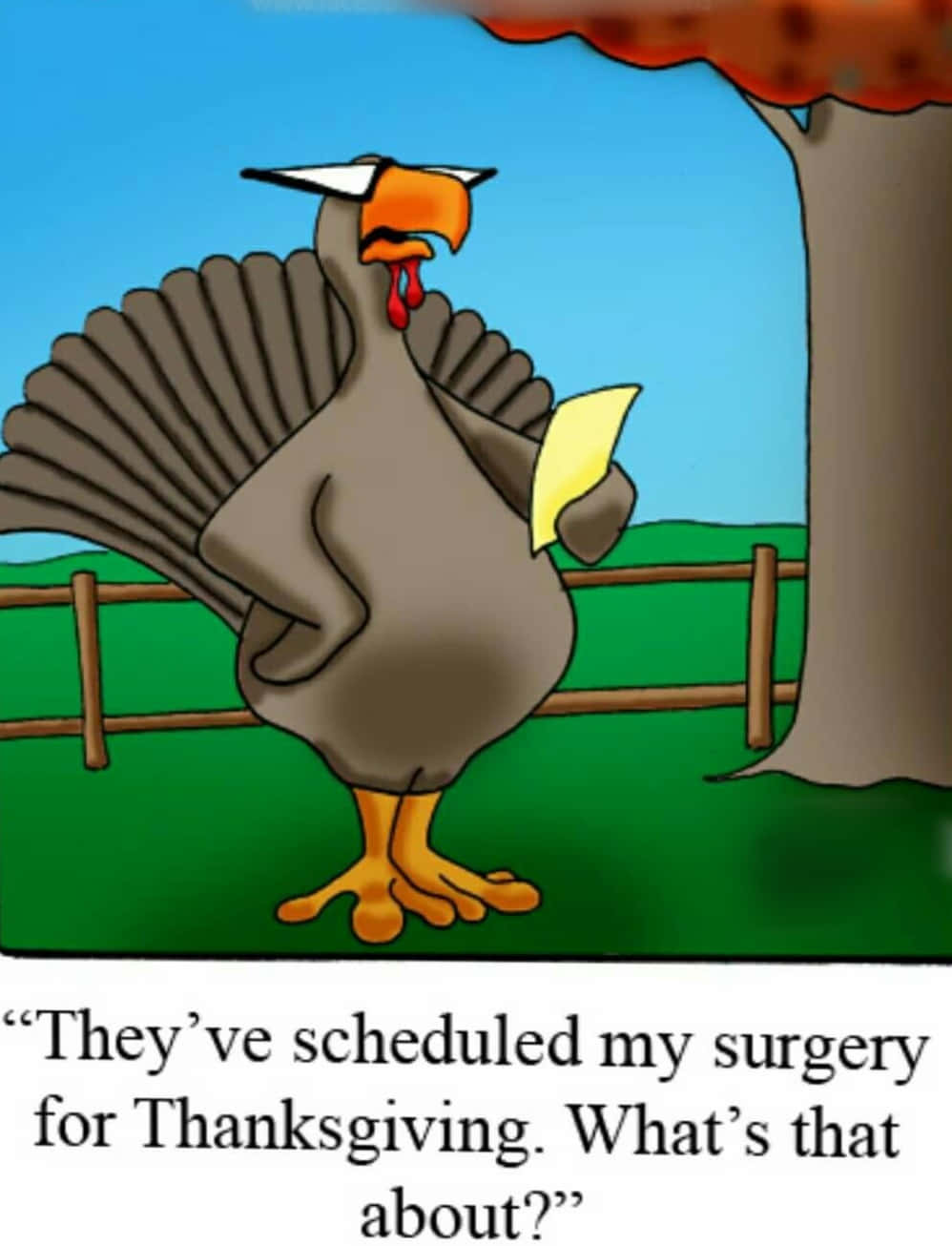 Thanksgiving Funny 桌布 壁紙 — 一隻卡通火雞，頭部纏著繃帶，舌頭下垂，在藍天下靠近樹木和籬笆的地方拿著一張黃色便條。