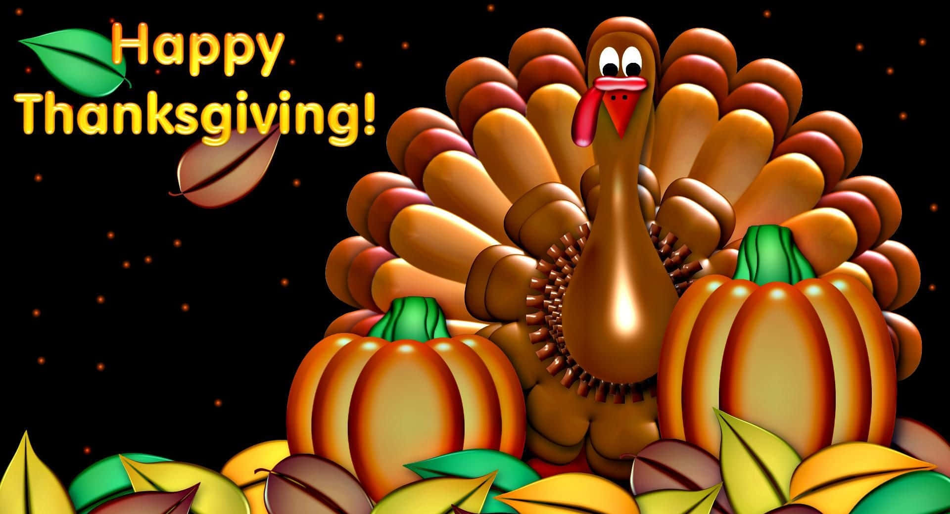 Thanksgiving 桌布 壁紙 — 一隻卡通火雞張開尾巴，站在南瓜和秋葉之間，背景是星光閃爍的黑色，並有「Happy Thanksgiving!」文字。