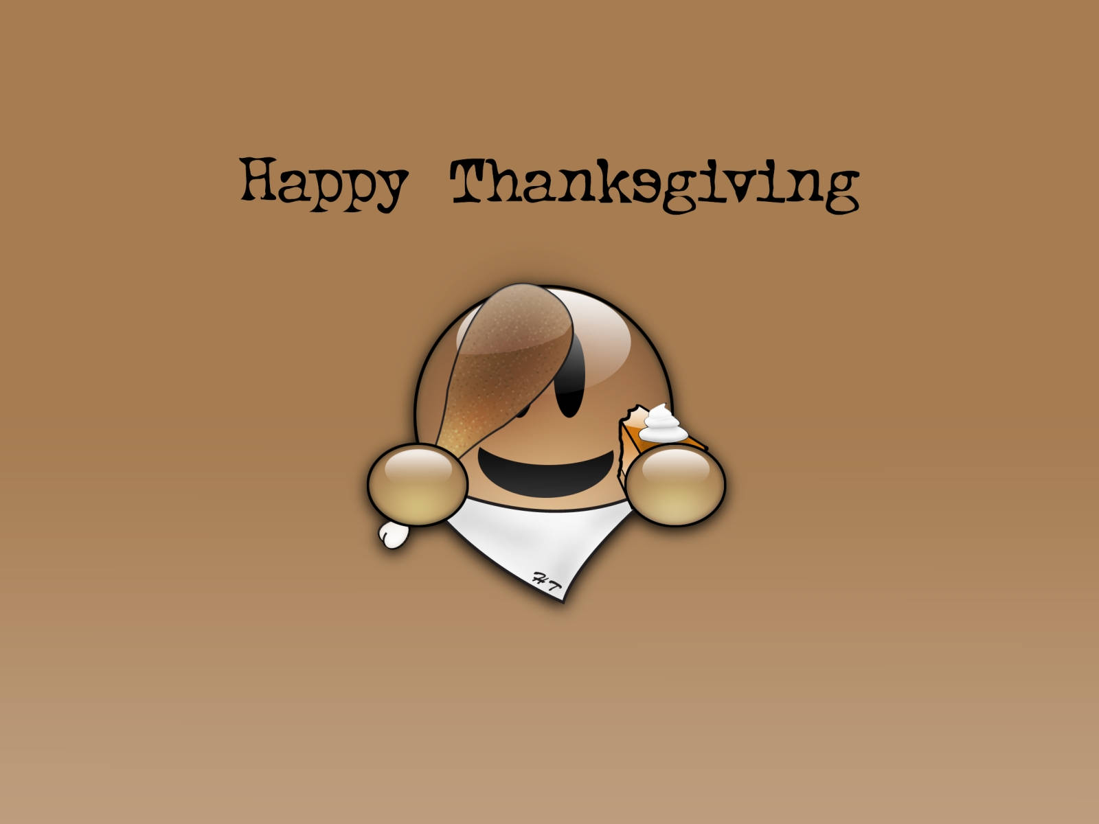 Cute Thanksgiving 桌布 壁紙 — 一隻卡通火雞戴著白色頭巾，面帶微笑，手持一片南瓜派，背景為純棕色，並有「Happy Thanksgiving」文字。