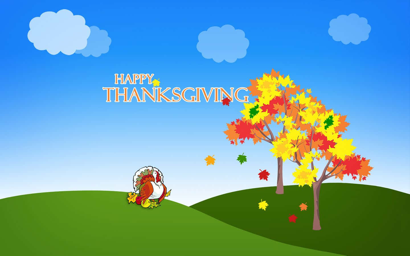 Funny Thanksgiving 桌布 壁紙 — 一隻卡通火雞站在綠色山丘上，旁邊是色彩繽紛的秋樹，藍天白雲下並有「Happy Thanksgiving」文字。