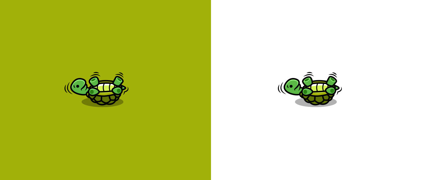 Cartoon Turtle 桌布 壁紙 — 一隻卡通烏龜，綠色龜殼帶有黃色條紋，在純橄欖綠背景上快樂地旋轉。