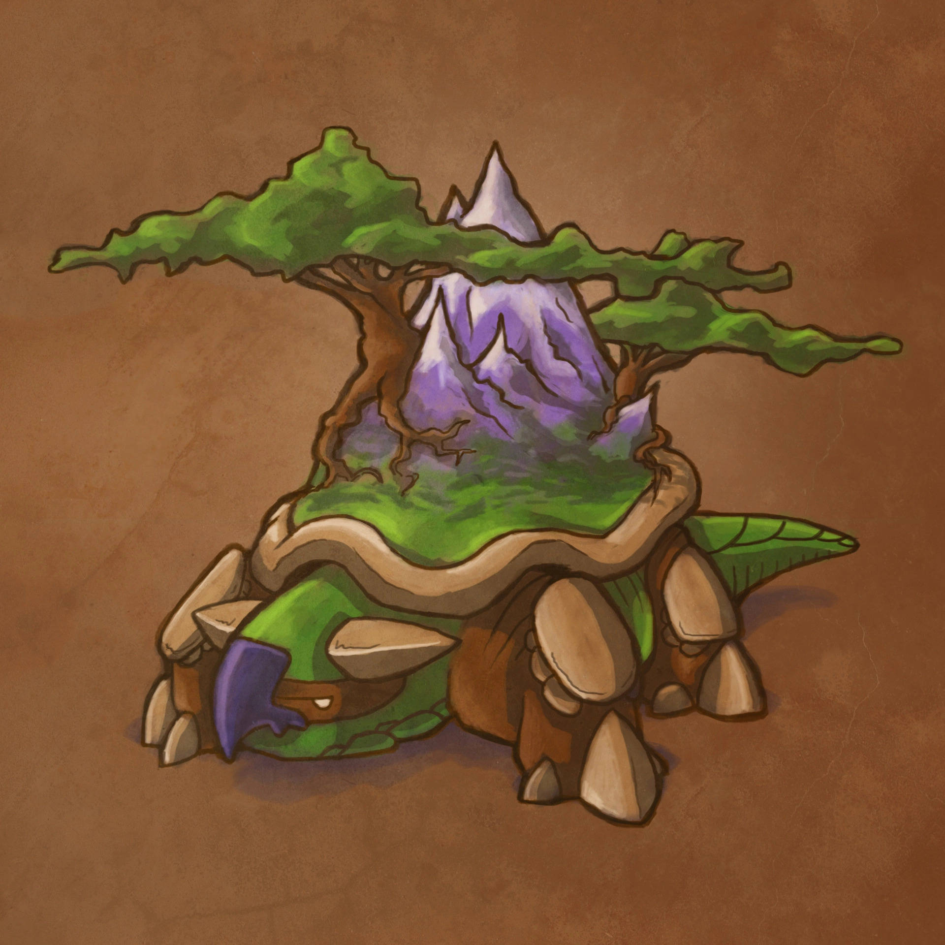 遊戲 桌布 壁紙 — 一隻卡通烏龜在棕色紋理背景上，背負著一個有紫色山峰和綠色樹木的微型山。