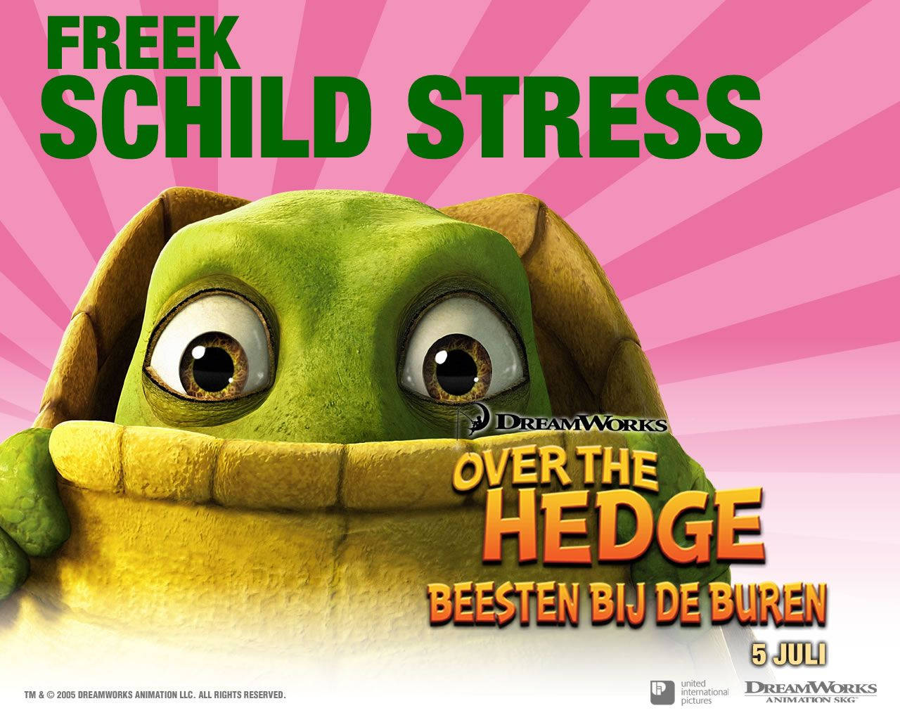 Over The Hedge 桌布 壁紙 — 一隻卡通烏龜睜大眼睛從殼中探出頭來，背景是粉紅色放射狀的電影文字。