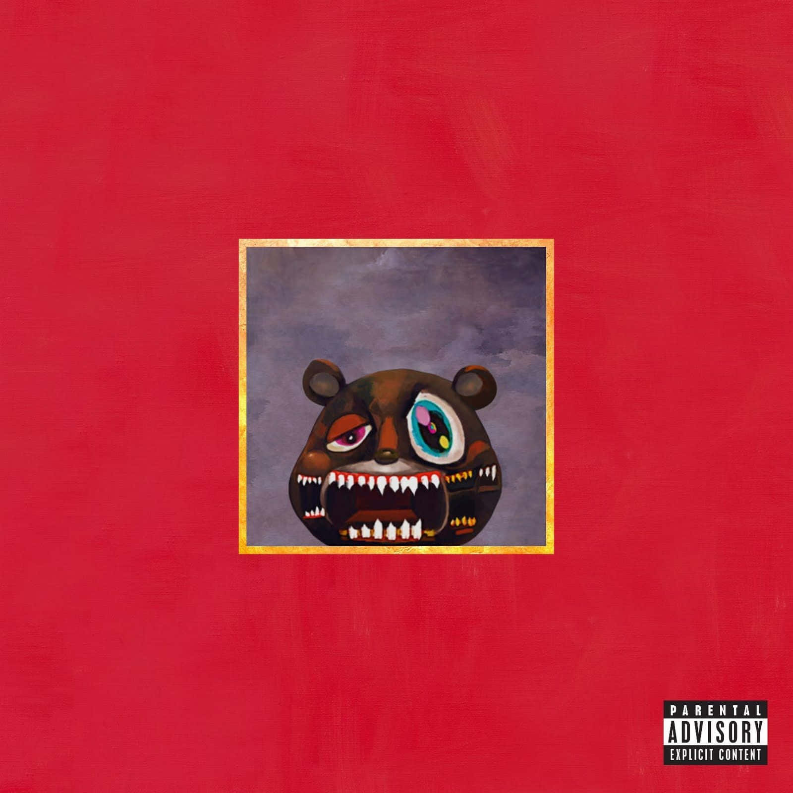 My Beautiful Dark Twisted Fantasy 桌布 壁紙 — 一隻卡通熊，眼睛不對稱，牙齒尖銳，從金色畫框的肖像中凝視出來，背景是鮮豔的紅色。