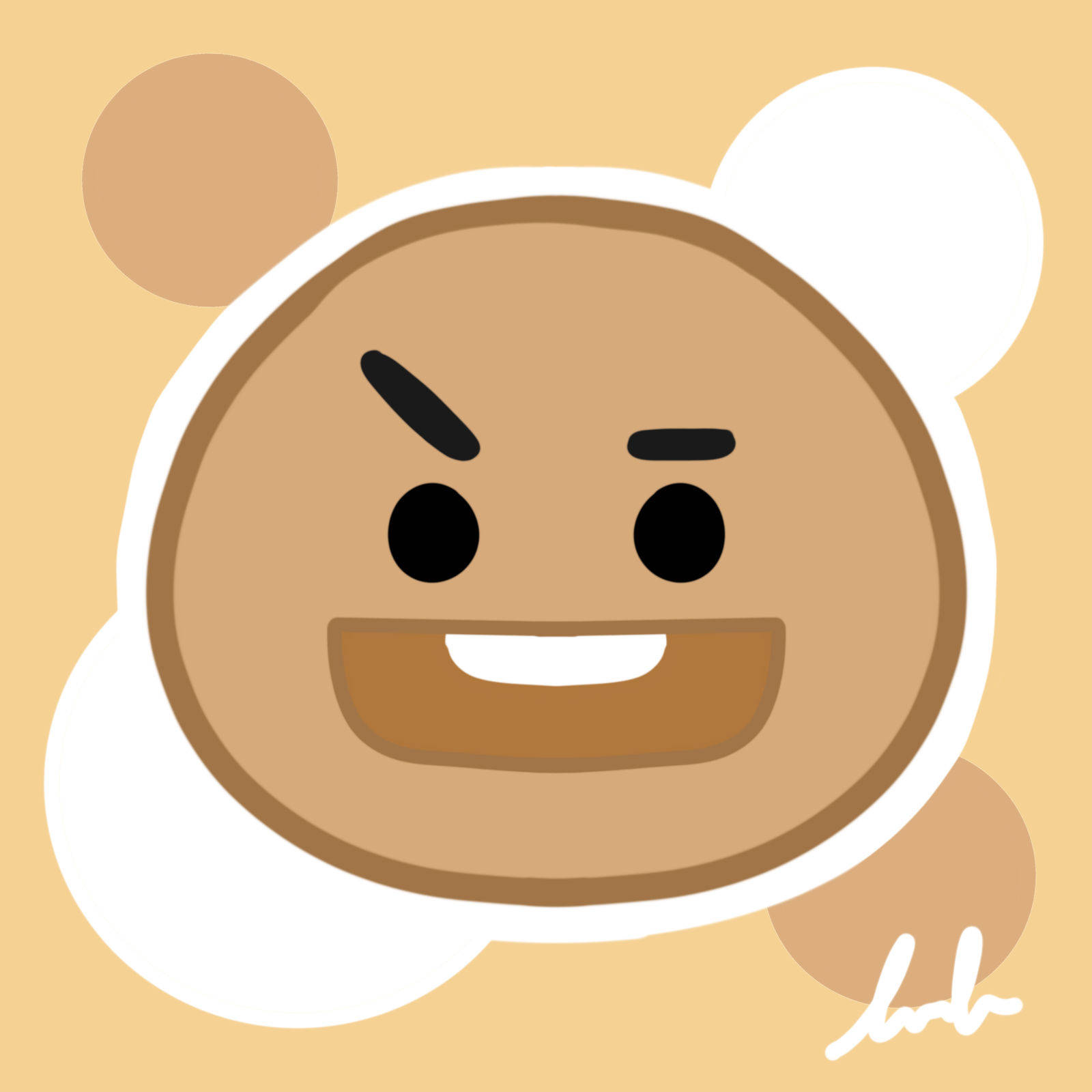 shooky bt21 桌布 壁紙 — 一隻卡通熊，露出頑皮的笑容，揚起一邊眉毛，背景是溫暖的米色。
