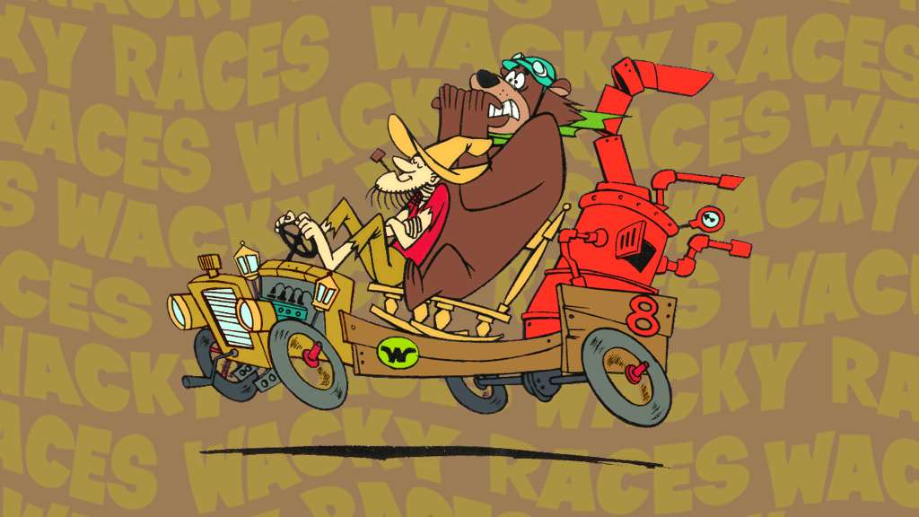 Cartoon Characters 桌布 壁紙 — 一隻卡通熊和一隻老鼠在一輛混亂、改裝的賽車中比賽，背景重複出現「Wacky Races」文字。