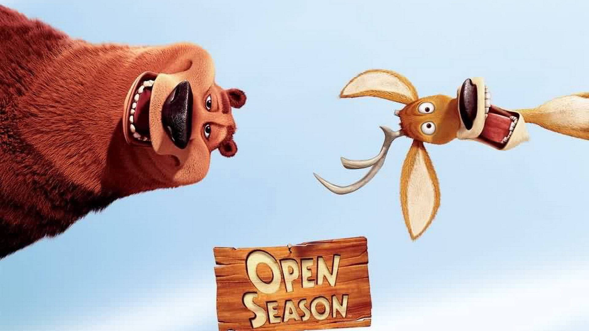 Cartoon 桌布 壁紙 — 一隻卡通熊和一隻鹿在木製的「OPEN SEASON」標誌上方，睜大眼睛、張開嘴巴對峙，背景是清澈的藍天。