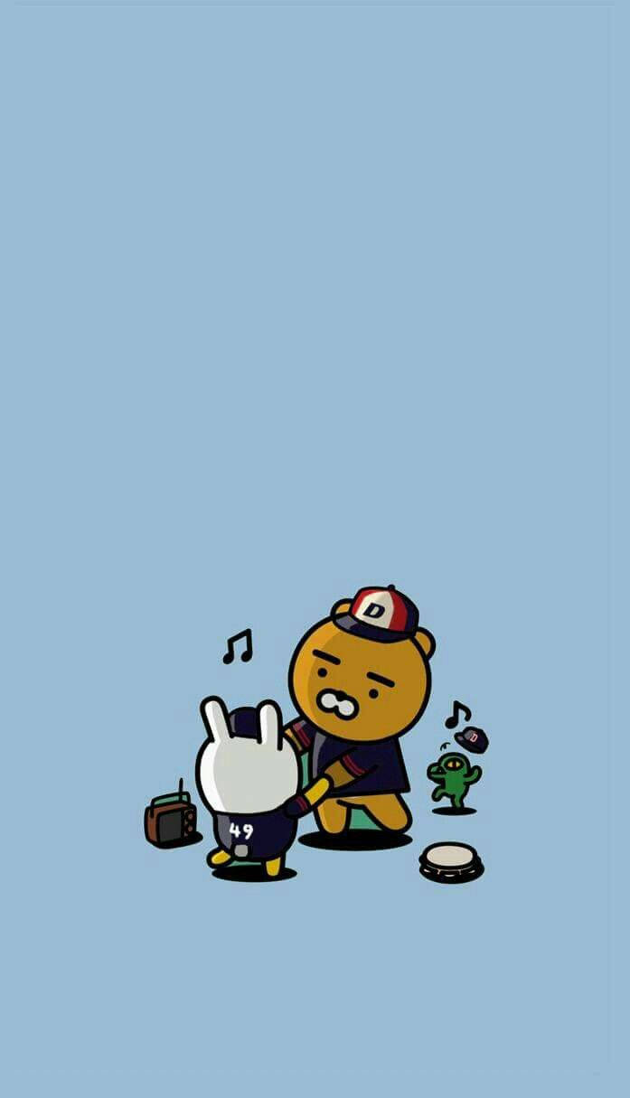 Kakao 桌布 壁紙 — 一隻卡通熊和兔子穿著運動裝備，在純藍色背景上用音箱和鼓演奏音樂。
