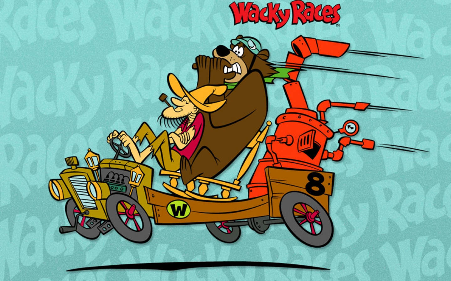 race car 桌布 壁紙 — 一隻卡通熊和狗在一輛帶有紅色管道的混亂黃色汽車中比賽，背景是藍綠色，帶有重複的「Wacky Races」文字。