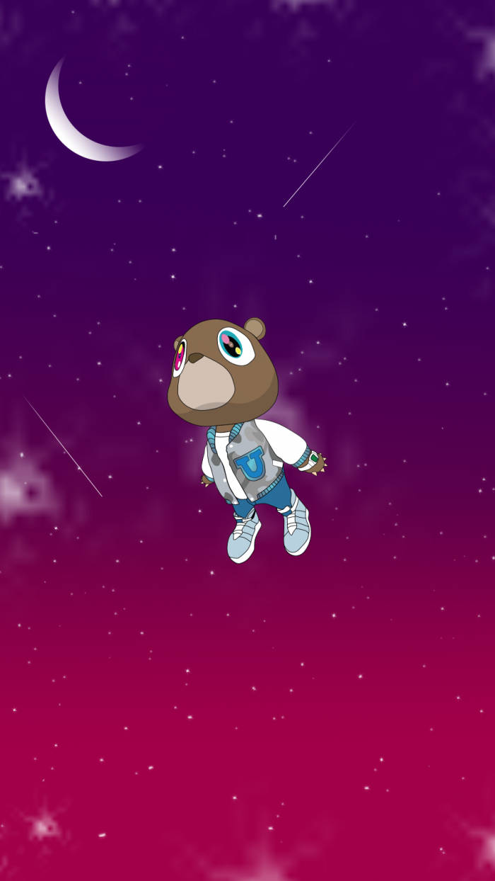 kanye west graduation iPhone 桌布 壁紙 — 一隻卡通熊在充滿活力的紫色和粉紅色星空夜空中平靜地漂浮，伴隨著新月和流星。