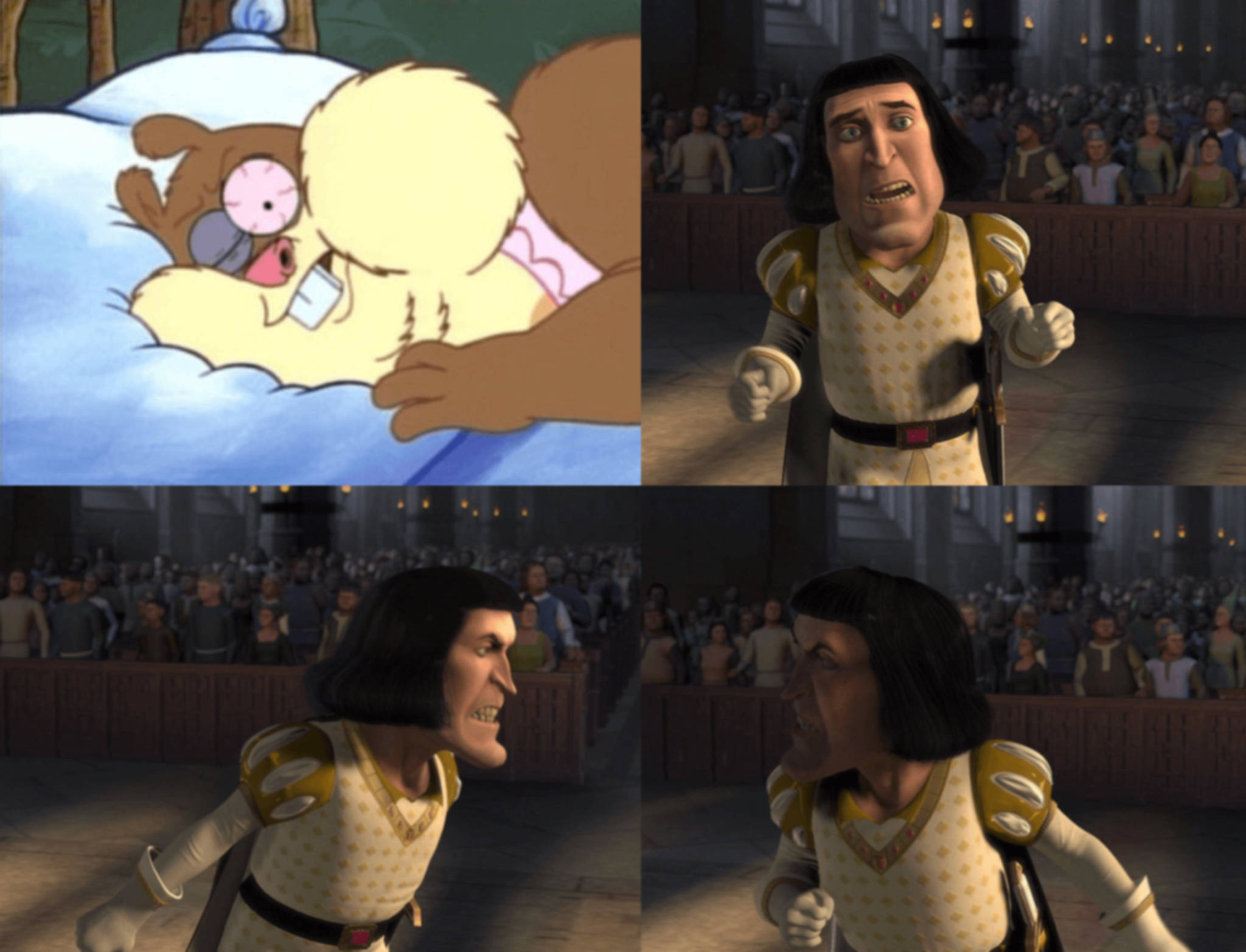 Lord Farquaad 桌布 壁紙 — 一隻卡通熊安詳地睡覺，而一個3D渲染的動畫角色在擁擠的大廳裡憤怒地大喊。