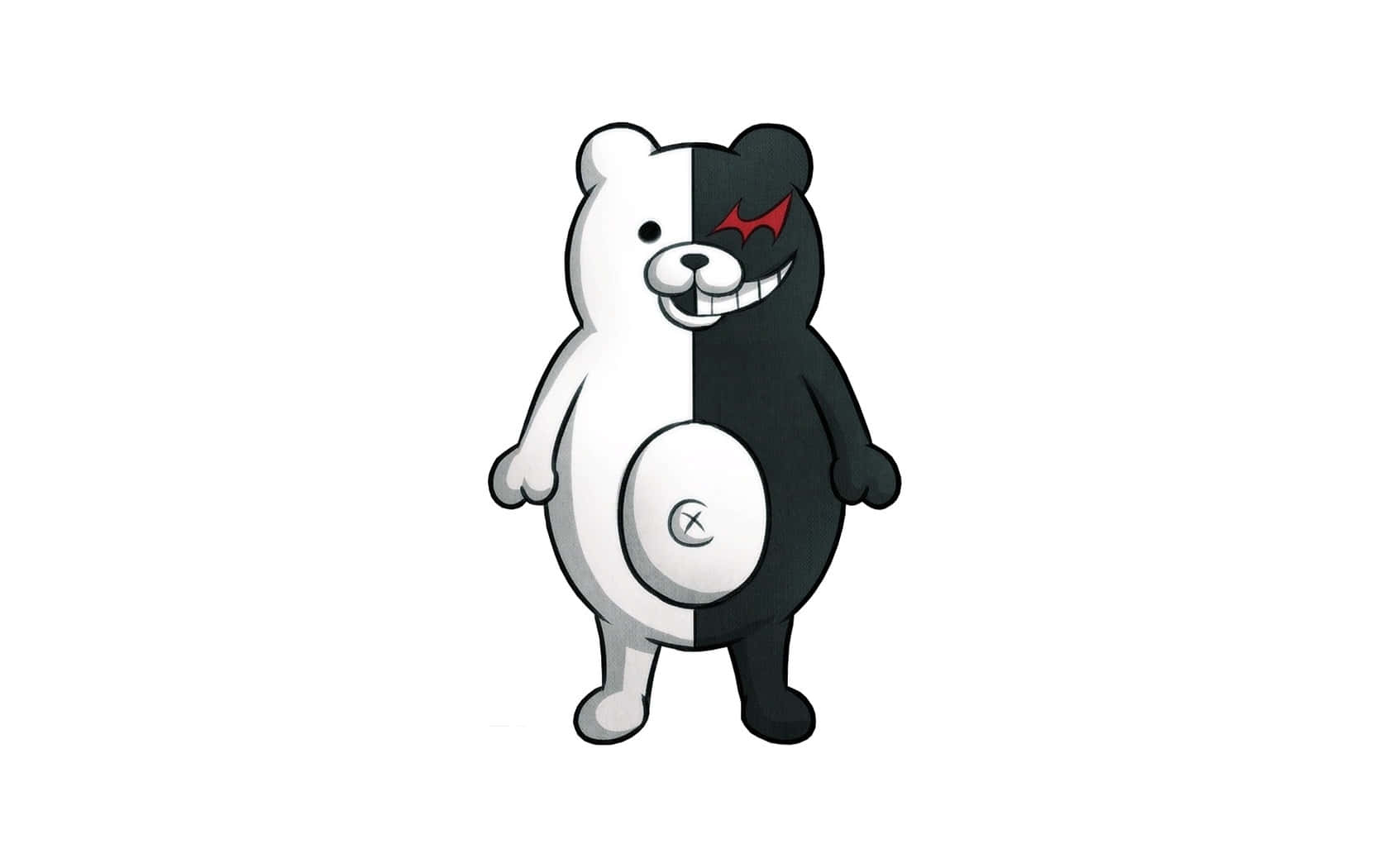 Teddy Bear 桌布 壁紙 — 一隻卡通熊從中間分成兩半，一半白色一半黑色，帶有紅色蝙蝠標誌和燦爛的笑容。