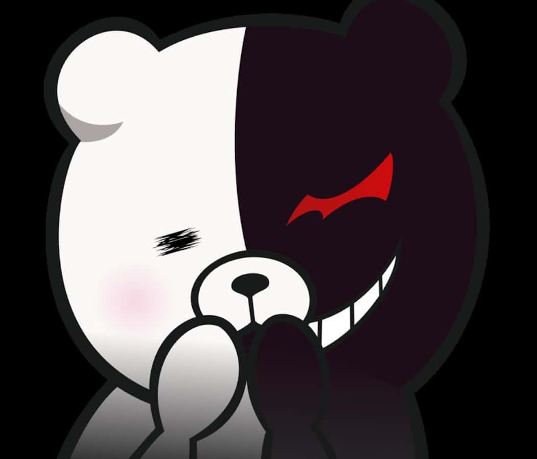 monokuma 桌布 壁紙 — 一隻卡通熊從中間分開，一半白色天真，另一半黑色帶紅色魔鬼笑容。