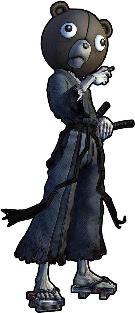 武士動畫 桌布 壁紙 — 一隻卡通熊穿著破爛的灰色長袍，在黑色背景前握著一把武士刀。