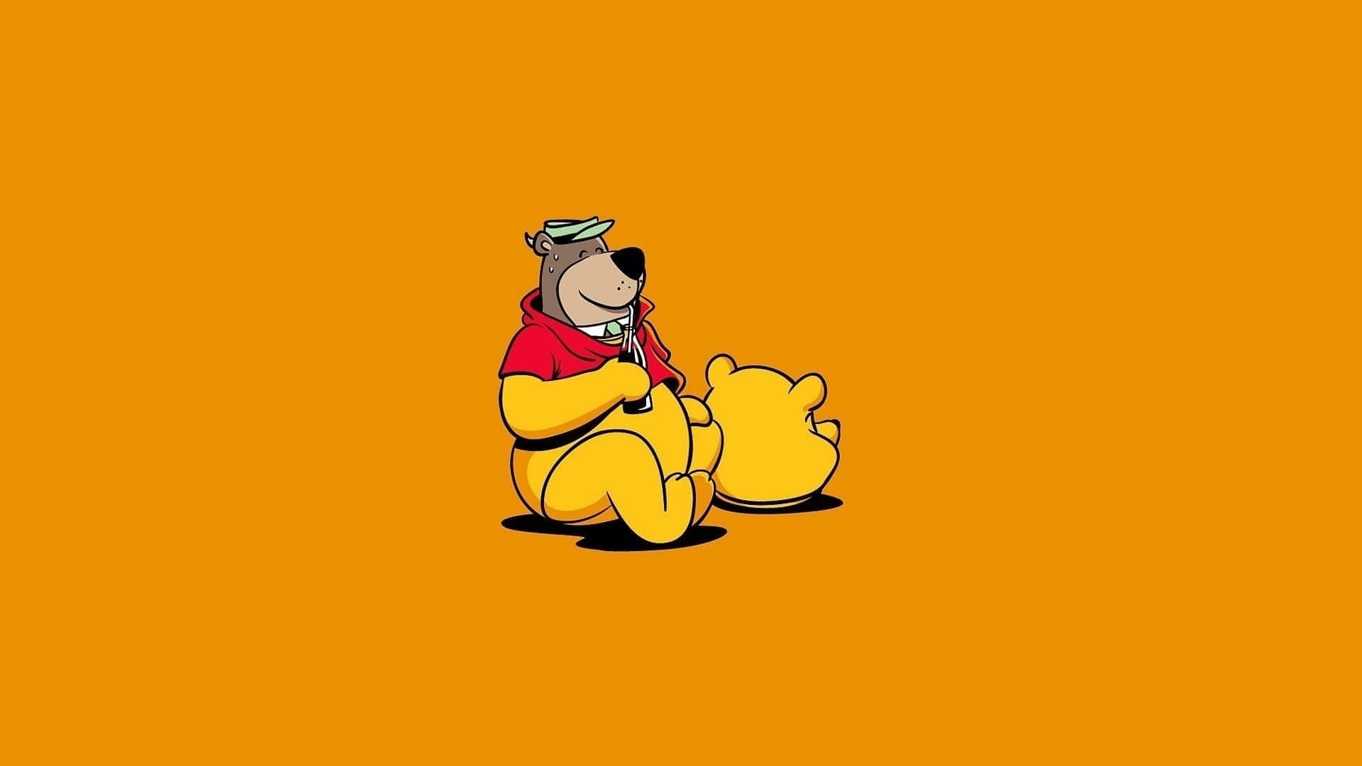 winnie the pooh 桌布 壁紙 — 一隻卡通熊穿著紅色連帽衫和綠色帽子，微笑地坐在一隻黃色熊旁邊，背景是純橙色。