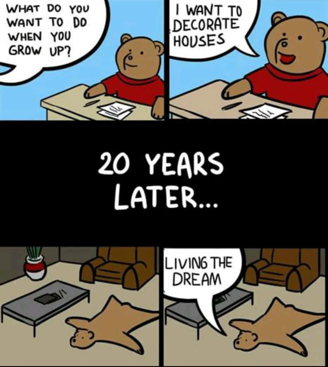 Dark Humor 桌布 壁紙 — 一隻卡通熊自信地宣稱小時候想裝飾房屋，20年後躺在裝飾好的客廳地板上，實現夢想。