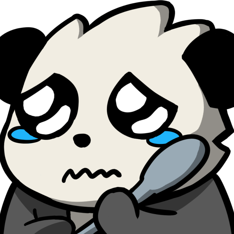 Discord 桌布 壁紙 — 一隻卡通熊貓，眼淚汪汪，嘴巴皺起，悲傷地拿著湯匙。