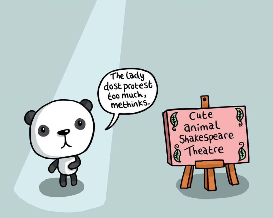 熊貓 桌布 壁紙 — 一隻卡通熊貓在聚光燈下，在「Cute Animal Shakespeare Theatre」標誌旁邊說出莎士比亞的台詞。