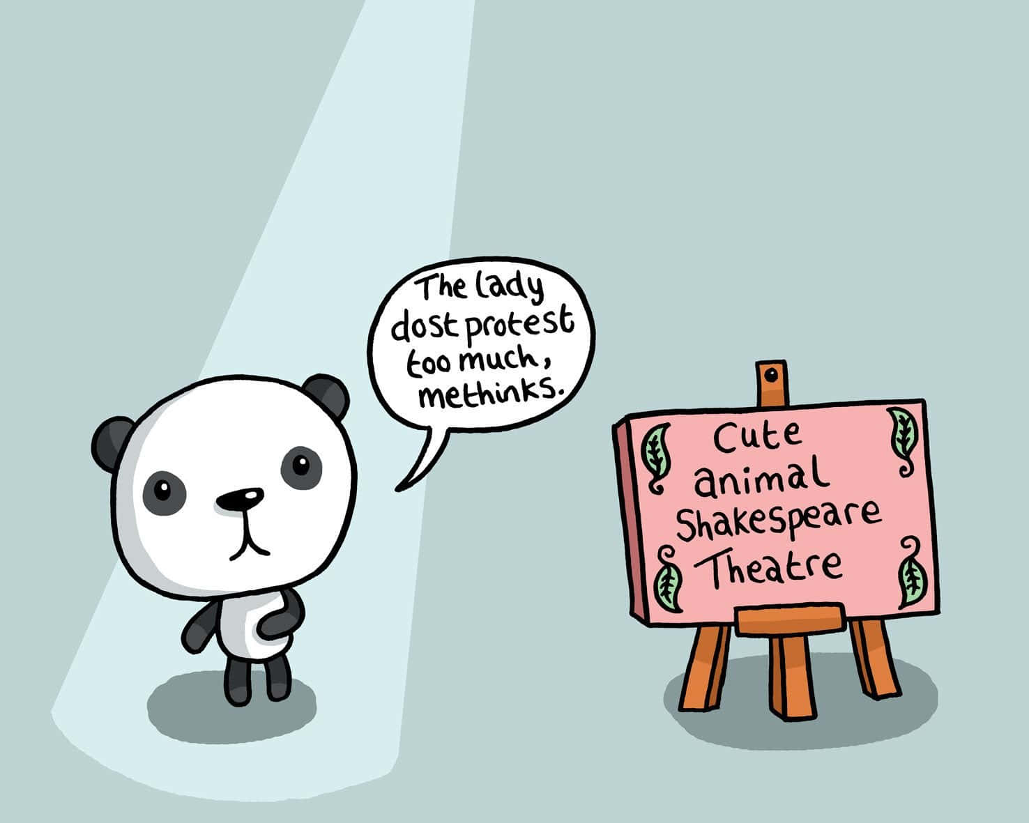 熊貓 桌布 壁紙 — 一隻卡通熊貓在聚光燈下，在「Cute Animal Shakespeare Theatre」標誌旁邊朗讀莎士比亞台詞。