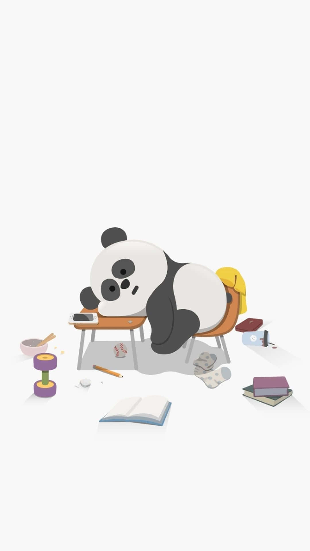 熊貓 桌布 壁紙 — 一隻卡通熊貓在雜亂的書桌上睡覺，周圍有書、健身器材和零食。