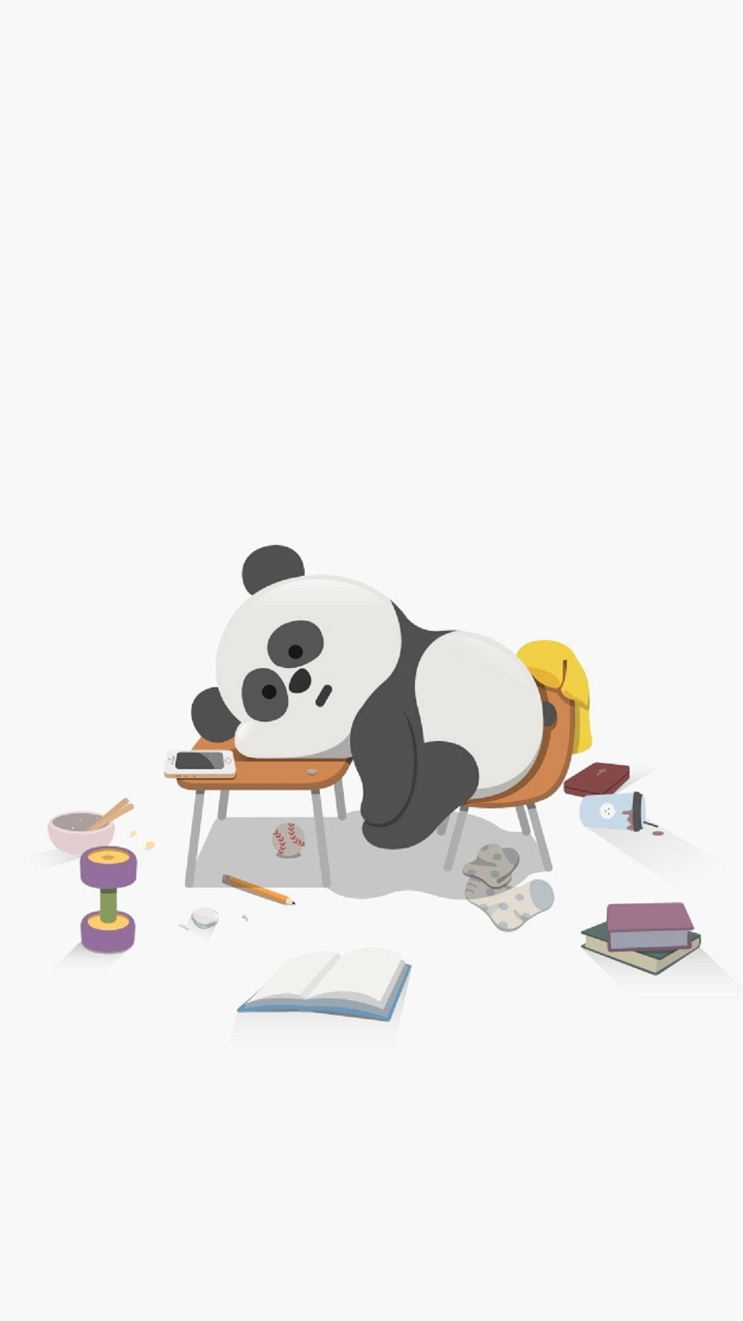 熊貓 桌布 壁紙 — 一隻卡通熊貓在雜亂的書桌上睡覺，周圍有書本、健身器材和零食。