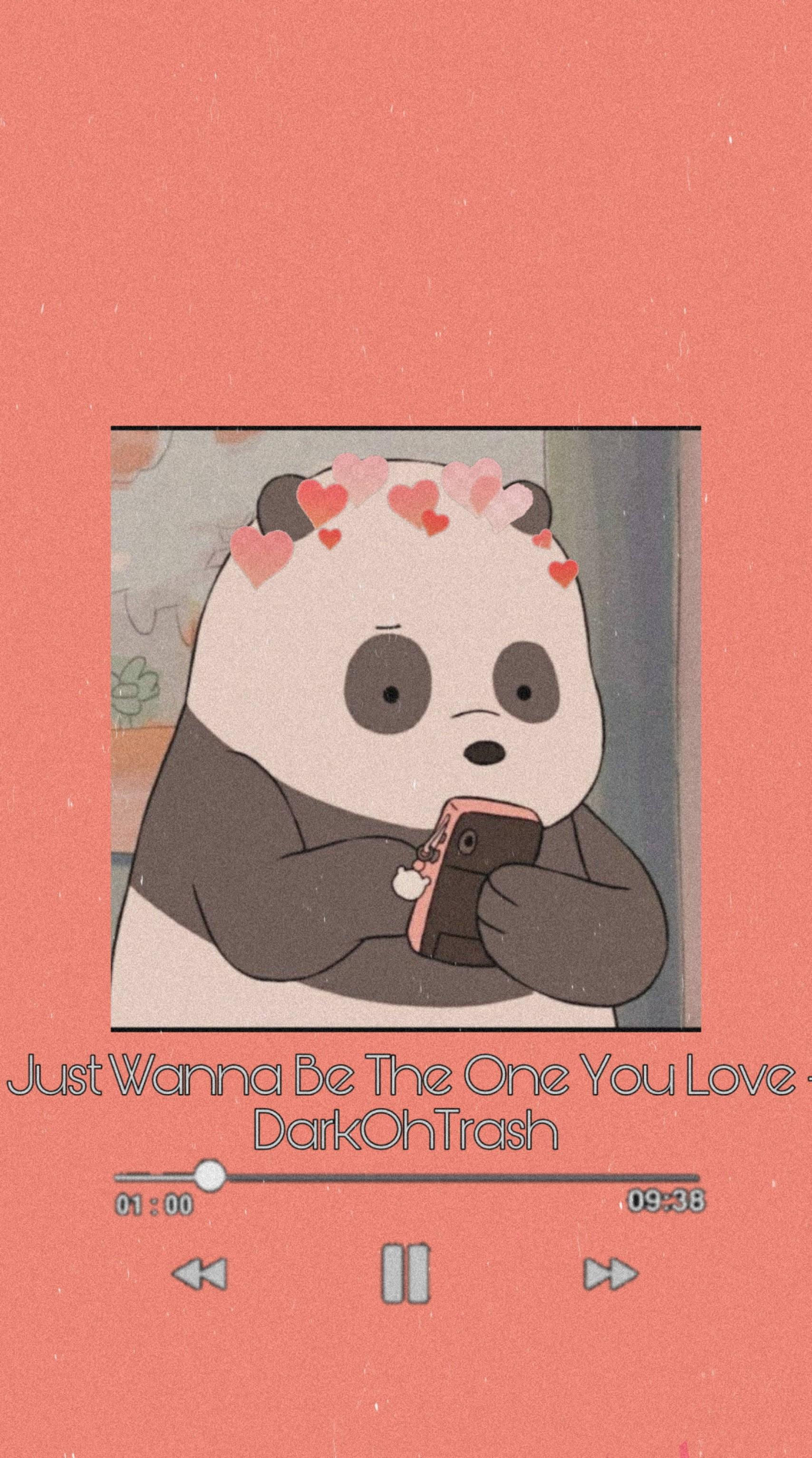 We Bare Bears Aesthetic 桌布 壁紙 — 一隻卡通熊貓頭頂有愛心漂浮，在粉紅色紋理背景和音樂播放器介面上拿著手機。
