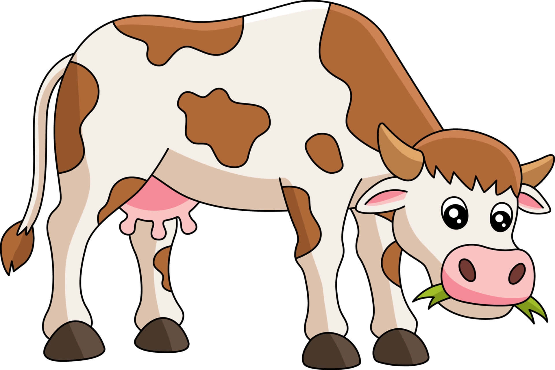 Cartoon Cow 桌布 壁紙 — 一隻卡通牛，有棕色斑點和粉紅色乳房，在純白色背景上咀嚼綠草。