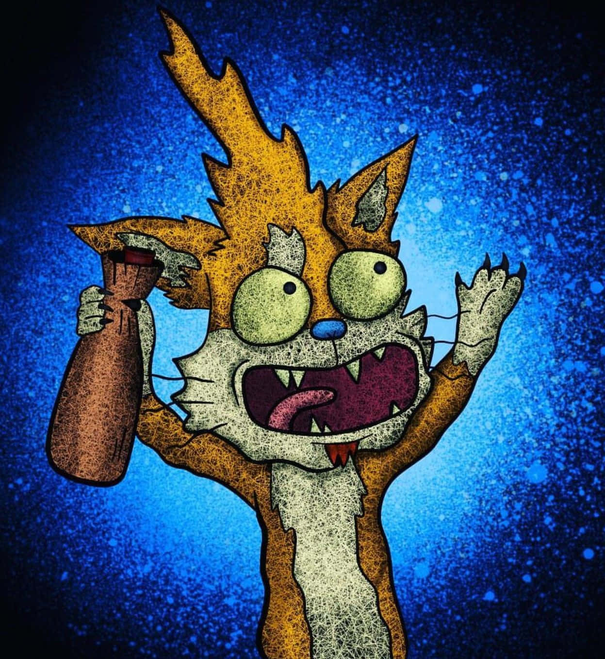 Squanchy 桌布 壁紙 — 一隻卡通狐狸，擁有狂野的橙色毛髮和大眼睛，在帶有斑點的藍色背景前拿著一個瓶子。