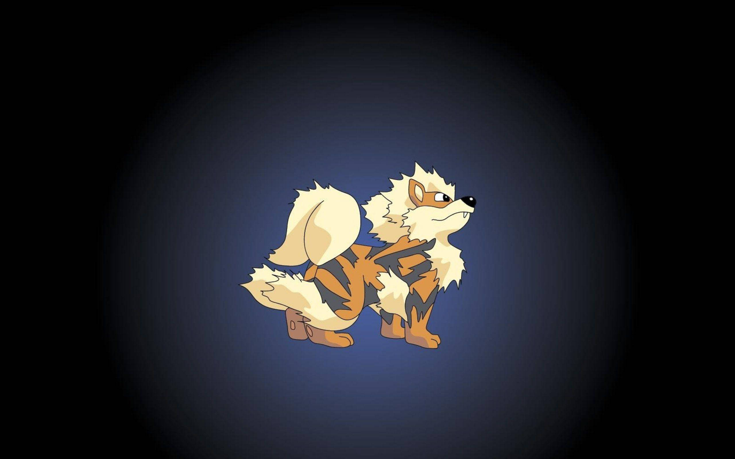 Arcanine 桌布 壁紙 — 一隻卡通狐狸，擁有蓬鬆的奶油色和橙色毛髮，自信地站在深藍色漸變背景前。