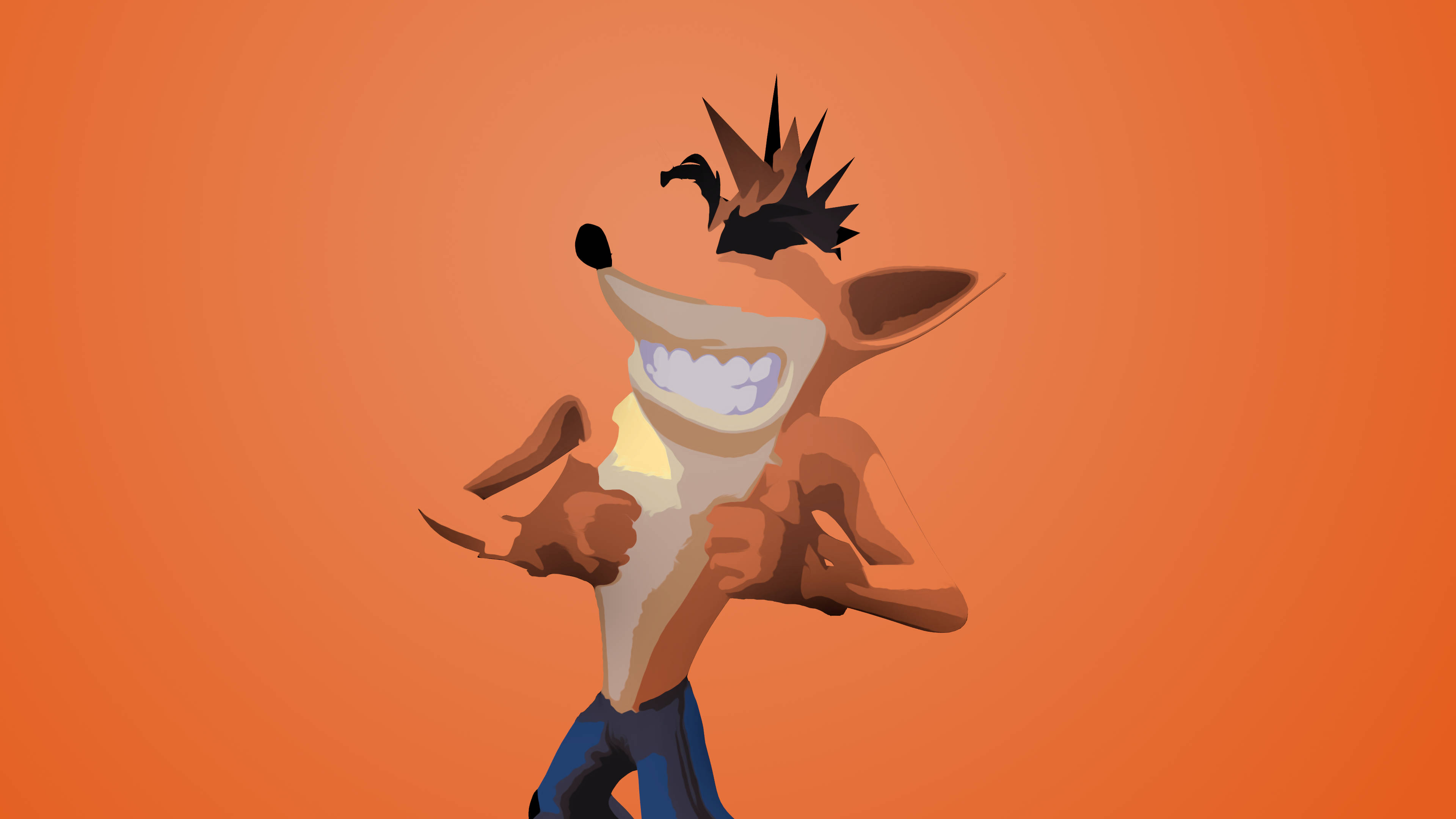 Bandicoot 桌布 壁紙 — 一隻卡通狐狸，有著尖刺般的黑色頭髮和燦爛的笑容，在純橙色背景前展示肌肉。