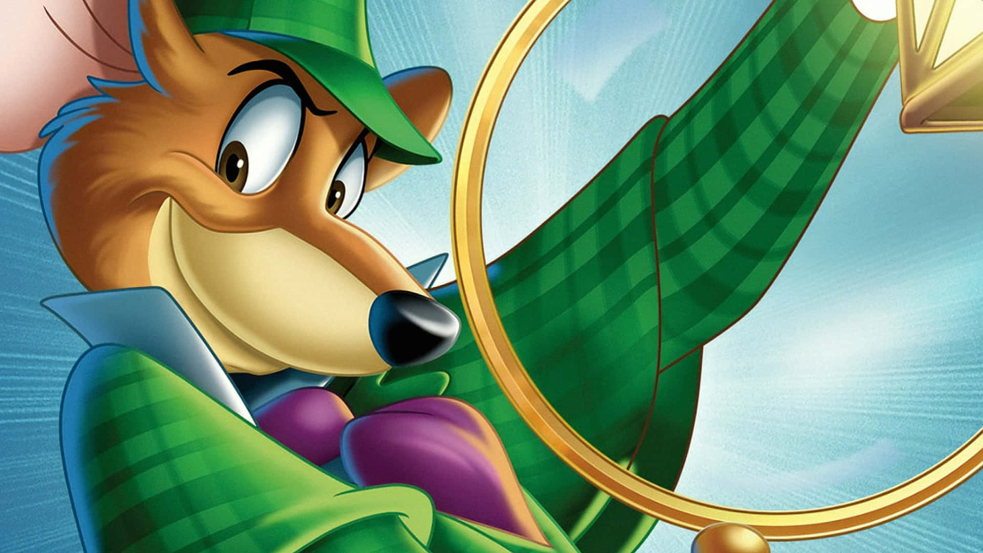 The Great Mouse Detective 桌布 壁紙 — 一隻卡通狐狸偵探穿著綠色格紋西裝和帽子，帶著堅定的表情拿著放大鏡。