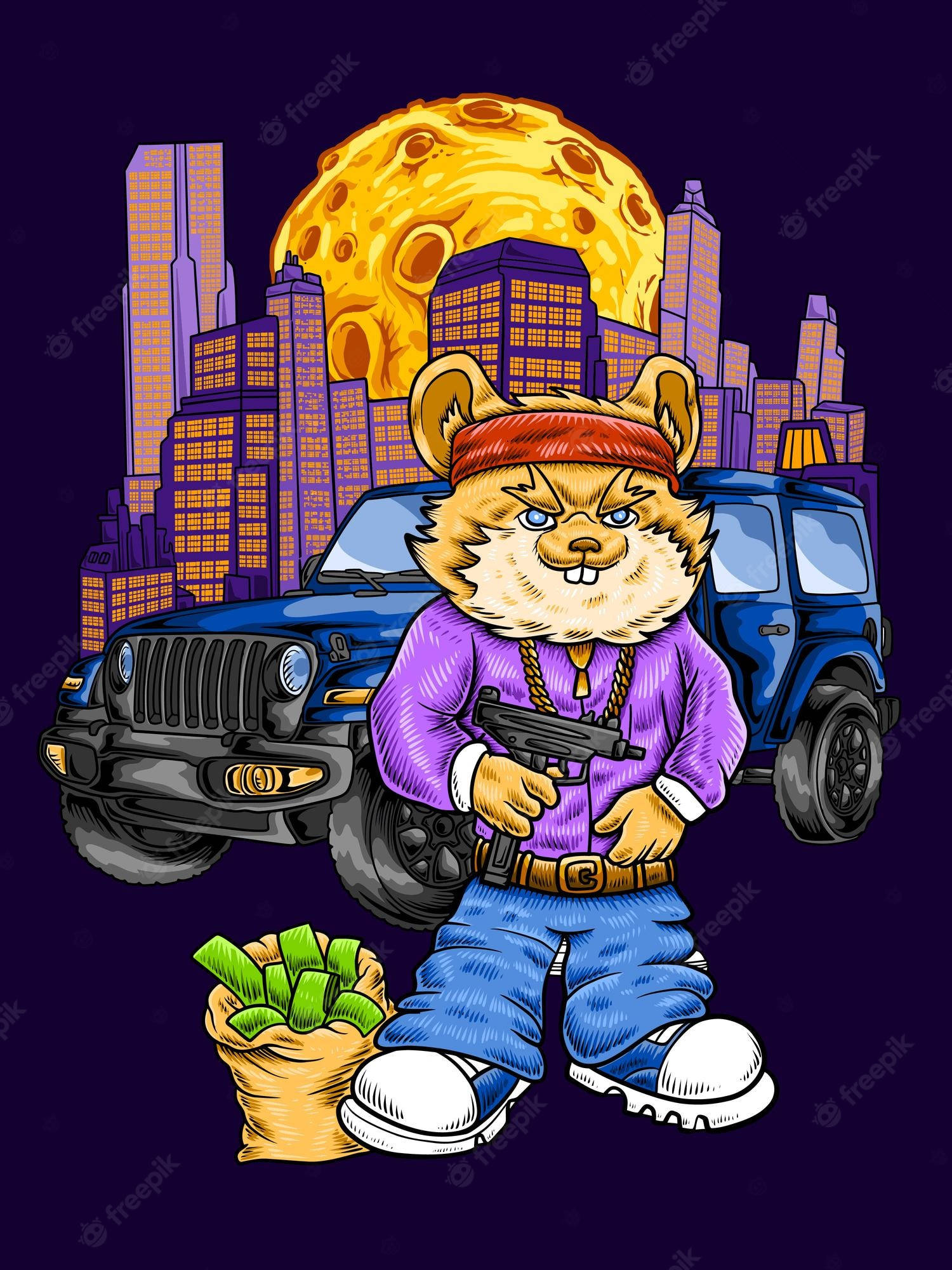 Gangsta Cartoon 桌布 壁紙 — 一隻卡通狐狸穿著紫色襯衫和紅色頭巾，站在藍色吉普車旁，手持槍支和一袋現金，背景是城市天際線上方一輪巨大的黃色月亮。