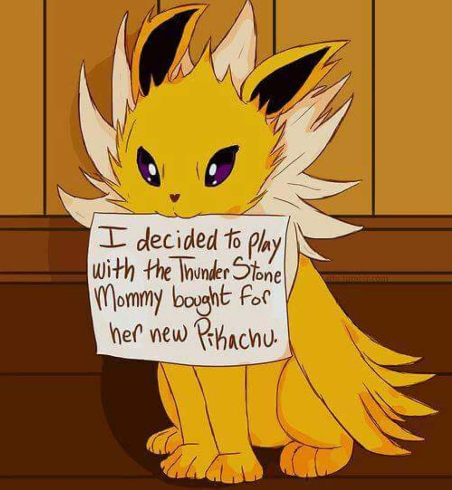 Pokemon Funny 桌布 壁紙 — 一隻卡通狐狸般的寶可夢拿著一個牌子，承認它偷了原本屬於其兄弟姐妹的雷之石。