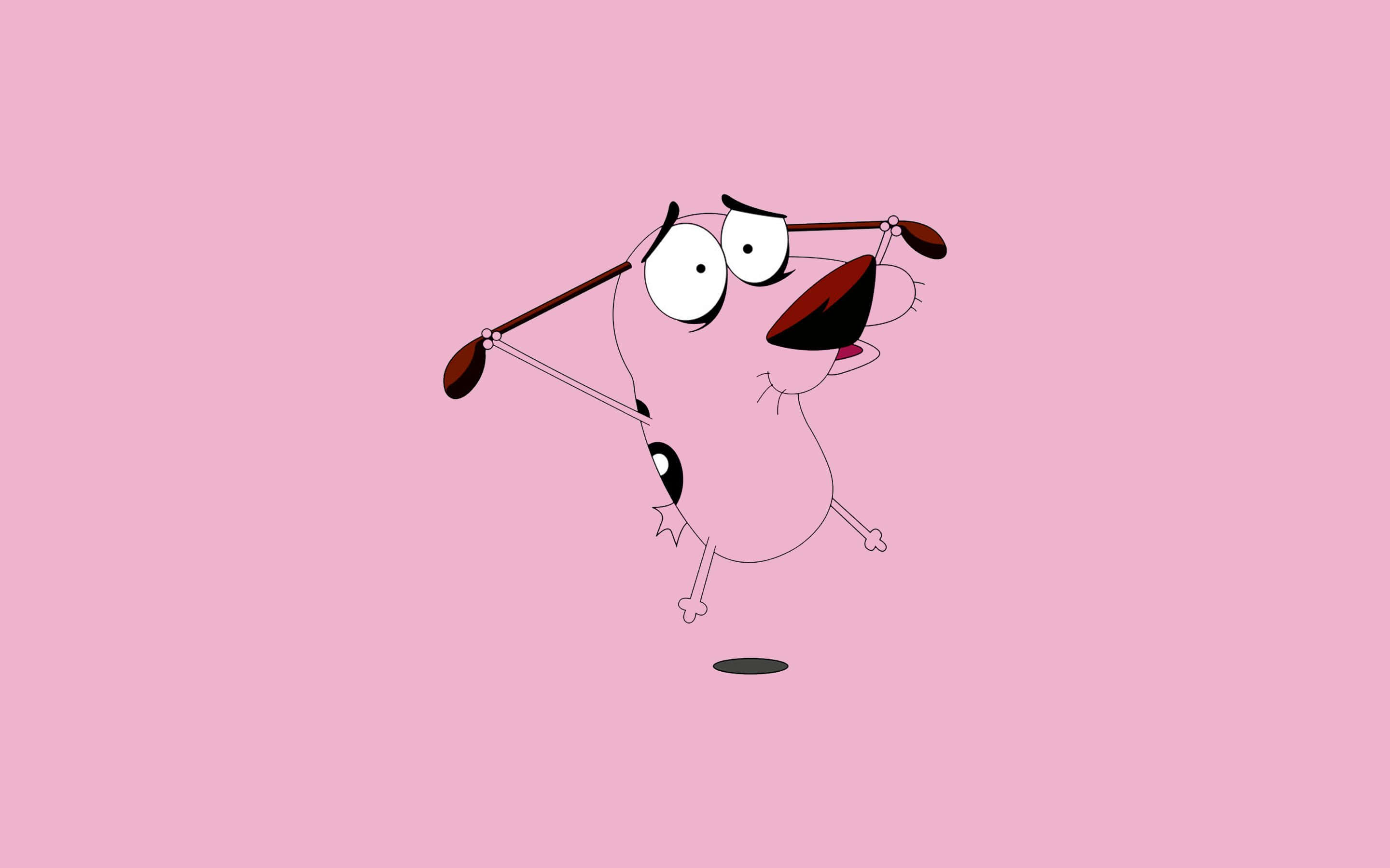 courage the cowardly dog 桌布 壁紙 — 一隻卡通狗，有著超大的眼睛和燦爛的笑容，在純粉紅色背景上歡快地跳躍。