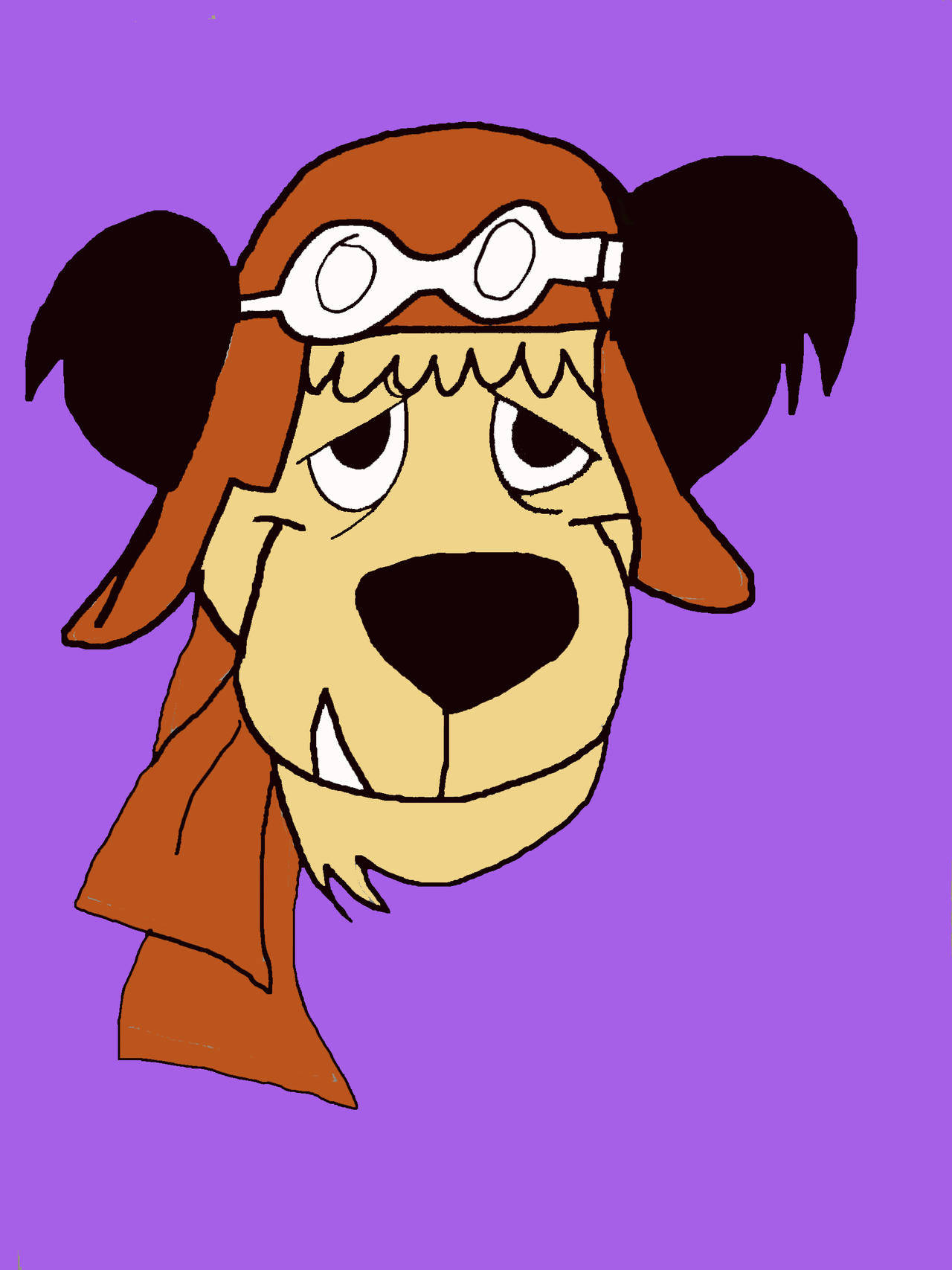 Muttley 桌布 壁紙 — 一隻卡通狗，綁著棕色辮子，戴著飛行員護目鏡，在紫色背景上看起來很疲倦。