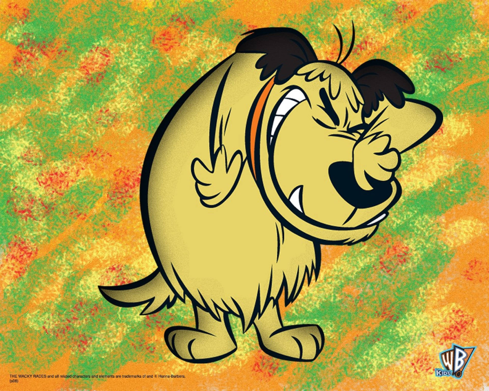 Muttley 桌布 壁紙 — 一隻卡通狗咧嘴大笑，舉起拳頭，站在充滿活力的橙色和綠色紋理背景前。